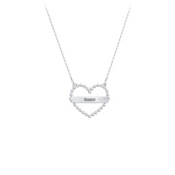 Beaded Open Heart Necklace with Engravable Bar in 925 Sterling Silver