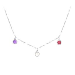 Bezel Set Birthstone Drop Necklace - 3 Stone in 925 Sterling Silver with Amethyst, Cubic Zirconia, and Ruby