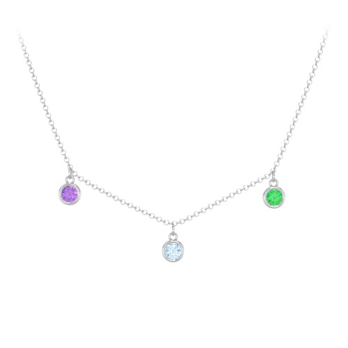 Bezel Set Birthstone Drop Necklace - 3 Stone – Sterling Silver with Amethyst, Blue Topaz, and Emerald
