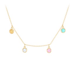 Bezel Set Birthstone Drop Necklace - 4 Stone in 10K Solid Yellow Gold with Golden Yellow Premium Zirconia, Aquamarine, Fancy Pink Premium Zirconia, and Mint Premium Zirconia