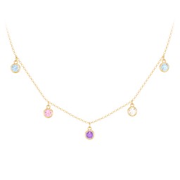Bezel Set Birthstone Drop Necklace - 5 Stone in 10K Solid Yellow Gold with Blue Topaz, Fancy Pink Premium Zirconia, Amethyst, and Cubic Zirconia