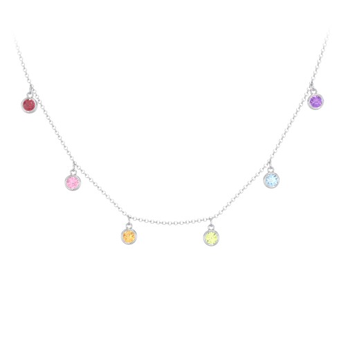 Bezel Set Birthstone Drop Necklace - 6 Stone – Sterling Silver with Ruby, Pink Tourmaline, Citrine, Peridot, Blue Topaz, and Amethyst
