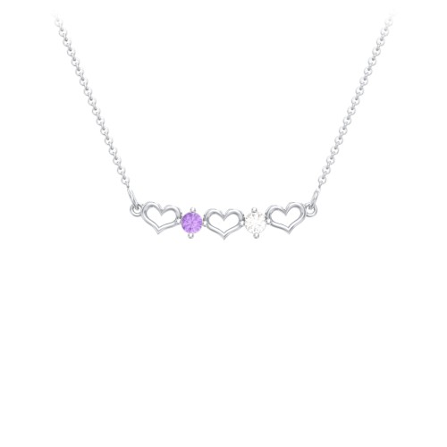 Heart To Heart Necklace with 2 Birthstones – Sterling Silver with Amethyst and Cubic Zirconia