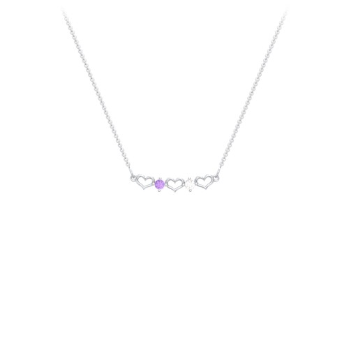 Heart To Heart Necklace with 2 Birthstones – Sterling Silver with Amethyst and Cubic Zirconia