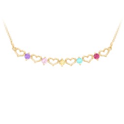 Heart To Heart Necklace with 5 Birthstones in 10K Solid Yellow Gold with Amethyst, Fancy Pink Premium Zirconia, Citrine, Mint Premium Zirconia, and Red Premium Zirconia