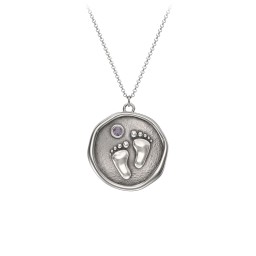 Engravable Baby Footprint Medallion Necklace with Birthstone in 925 Sterling Silver with Alexandrite