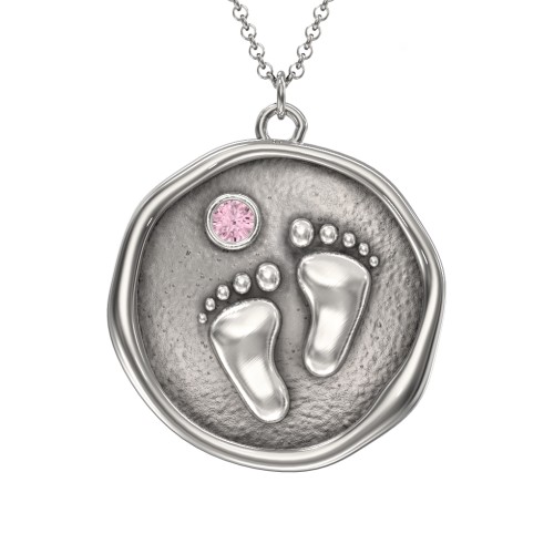 Engravable Baby Footprint Medallion Necklace with Birthstone – Sterling Silver with Pink Tourmaline