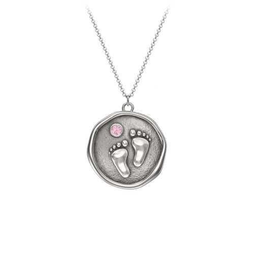Engravable Baby Footprint Medallion Necklace with Birthstone – Sterling Silver with Pink Tourmaline