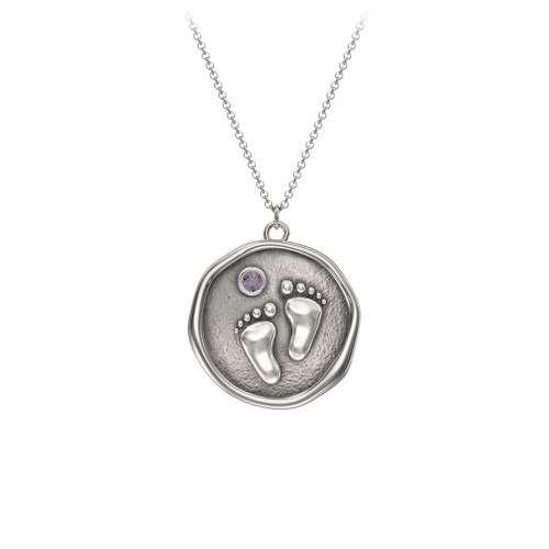 Engravable Baby Footprint Medallion Necklace with Birthstone – Sterling Silver with Alexandrite
