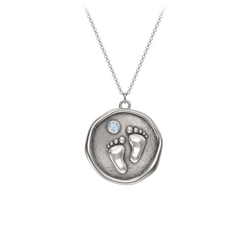 Engravable Baby Footprint Medallion Necklace with Birthstone – Sterling Silver with Blue Topaz
