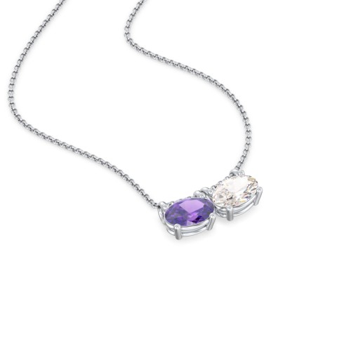 East-West Oval Necklace with 2 Gemstones – Sterling Silver with Amethyst and Cubic Zirconia