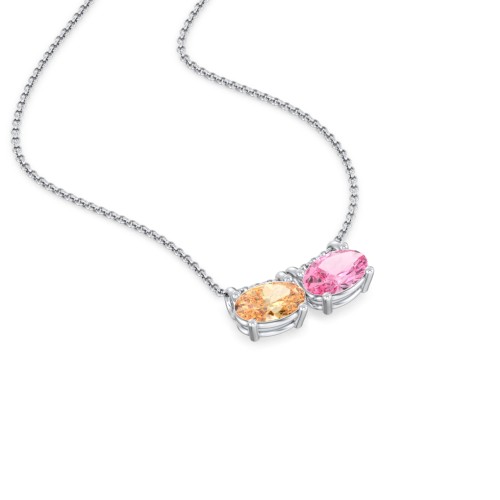 East-West Oval Necklace with 2 Gemstones – Sterling Silver with Fancy Yellow Premium Zirconia and Pink Tourmaline