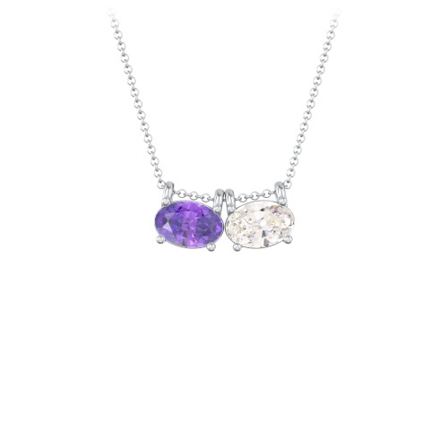 East-West Oval Necklace with 2 Gemstones – Sterling Silver with Amethyst and Cubic Zirconia