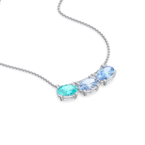 East-West Oval Necklace with 3 Gemstones – Sterling Silver with Mint Premium Zirconia, Aquamarine, and Blue Topaz