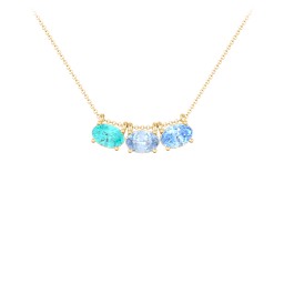 East-West Oval Necklace with 3 Gemstones in 10K Solid Yellow Gold with Mint Premium Zirconia, Aquamarine, and Blue Topaz
