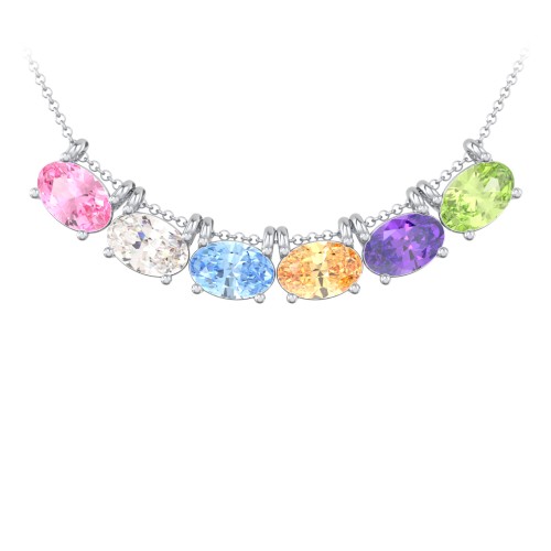 East-West Oval Necklace with 6 Gemstones – Sterling Silver with Pink Tourmaline, Cubic Zirconia, Blue Topaz, Fancy Yellow Premium Zirconia, Amethyst, and Peridot