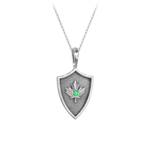 Maple Leaf Hero Shield Pendant with Gemstone – Sterling Silver with Emerald