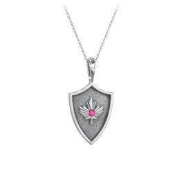 Maple Leaf Hero Shield Pendant with Gemstone in 925 Sterling Silver with Ruby