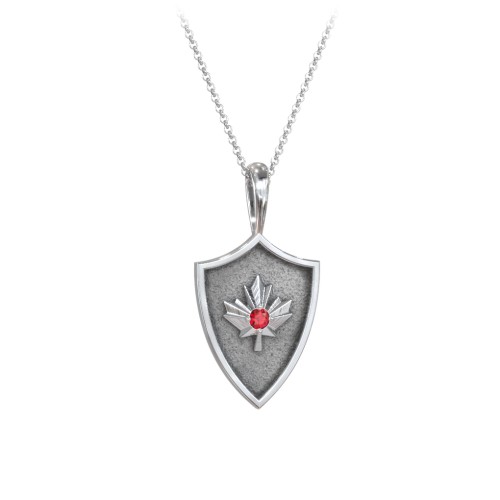 Maple Leaf Hero Shield Pendant with Gemstone – Sterling Silver with Garnet
