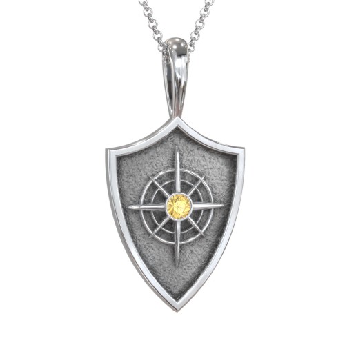 Compass Hero Shield Pendant with Gemstone – Sterling Silver with Citrine