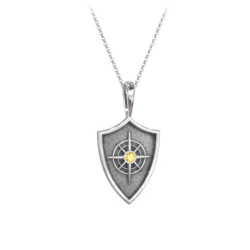 Compass Hero Shield Pendant with Gemstone – Sterling Silver with Citrine