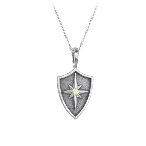 Starburst Hero Shield Pendant with Gemstone – Sterling Silver with Peridot