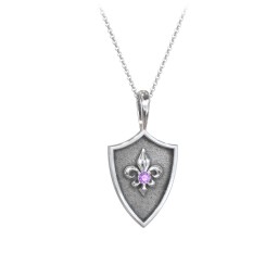 Fleur-de-lis Hero Shield Pendant with Gemstone in 925 Sterling Silver with Amethyst