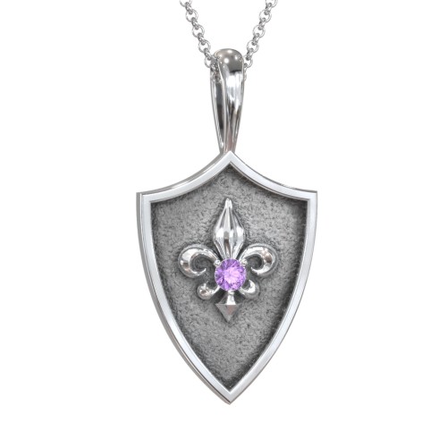 Fleur-de-lis Hero Shield Pendant with Gemstone – Sterling Silver with Amethyst