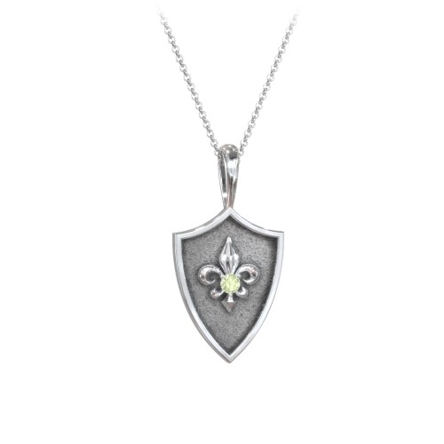 Fleur-de-lis Hero Shield Pendant with Gemstone – Sterling Silver with Peridot