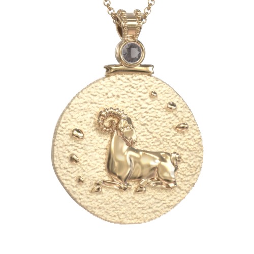 Engravable Aries Zodiac Medallion With Accent – 18K Gold Plated Silver with Smokey Quartz