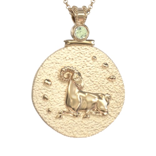 Engravable Aries Zodiac Medallion With Accent – 18K Gold Plated Silver with Peridot