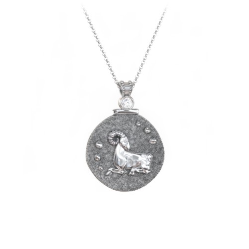 Engravable Aries Zodiac Medallion With Accent – Sterling Silver with Cubic Zirconia