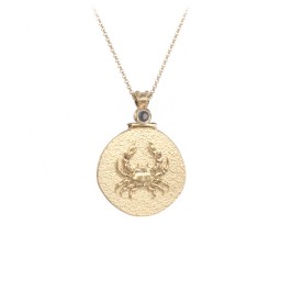 Engravable Cancer Zodiac Medallion With Accent in 18K Gold Plated Silver with Smokey Quartz