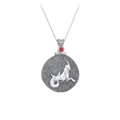 Engravable Capricorn Zodiac Medallion With Accent – Sterling Silver with Garnet