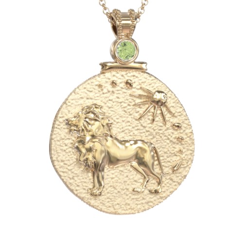 Engravable Leo Zodiac Medallion With Accent – 18K Gold Plated Silver with Peridot