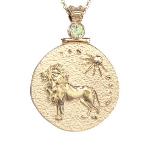 Engravable Leo Zodiac Medallion With Accent – 18K Gold Plated Silver with Peridot