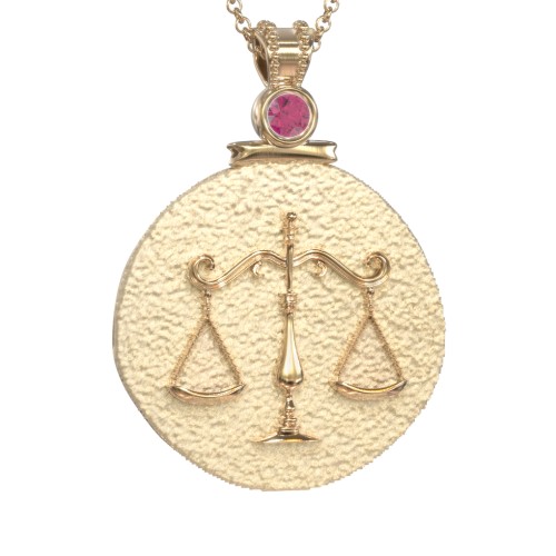 Engravable Libra Zodiac Medallion With Accent – 18K Gold Plated Silver with Ruby
