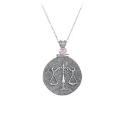Engravable Libra Zodiac Medallion With Accent in 925 Sterling Silver with Pink Tourmaline