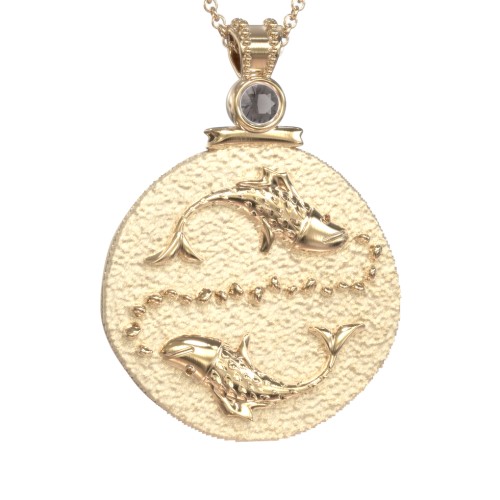 Engravable Pisces Zodiac Medallion With Accent – 18K Gold Plated Silver with Smokey Quartz