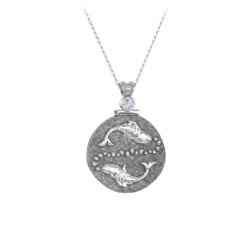 Engravable Pisces Zodiac Medallion With Accent – Sterling Silver with Aquamarine