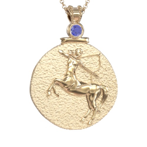 Engravable Sagittarius Zodiac Medallion Necklace – 18K Gold Plated Silver with Blue Sapphire