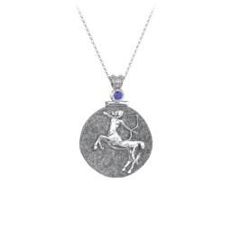 Engravable Sagittarius Zodiac Medallion Necklace in 925 Sterling Silver with Fancy Blue Premium Zirconia