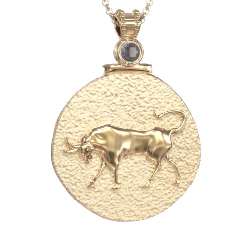 Engravable Taurus Zodiac Medallion With Accent – 18K Gold Plated Silver with Smokey Quartz