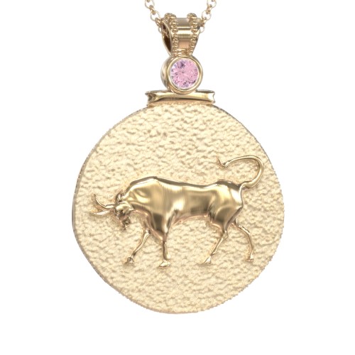 Engravable Taurus Zodiac Medallion With Accent – 18K Gold Plated Silver with Pink Tourmaline