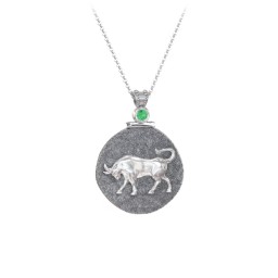Engravable Taurus Zodiac Medallion With Accent in 925 Sterling Silver with Emerald