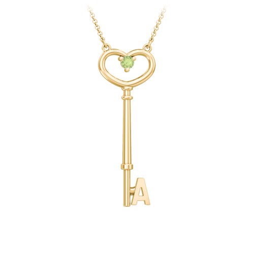 Initial Heart Key Necklace with Gemstone - A – 18K Gold Plated Silver with Peridot