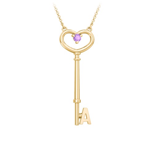 Initial Heart Key Necklace with Gemstone - A – 18K Gold Plated Silver with Amethyst