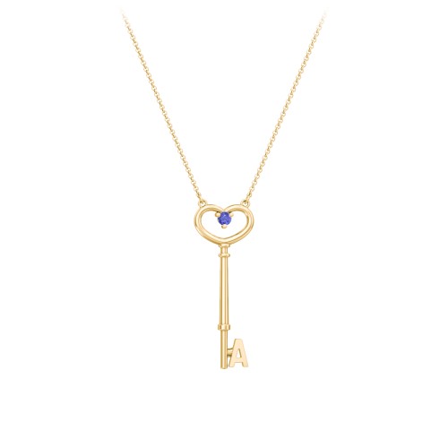 Initial Heart Key Necklace with Gemstone - A – 18K Gold Plated Silver with Blue Sapphire
