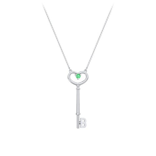 Initial Heart Key Necklace with Gemstone - B