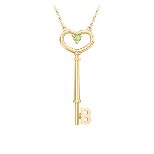 Initial Heart Key Necklace with Gemstone - B – 18K Gold Plated Silver with Peridot